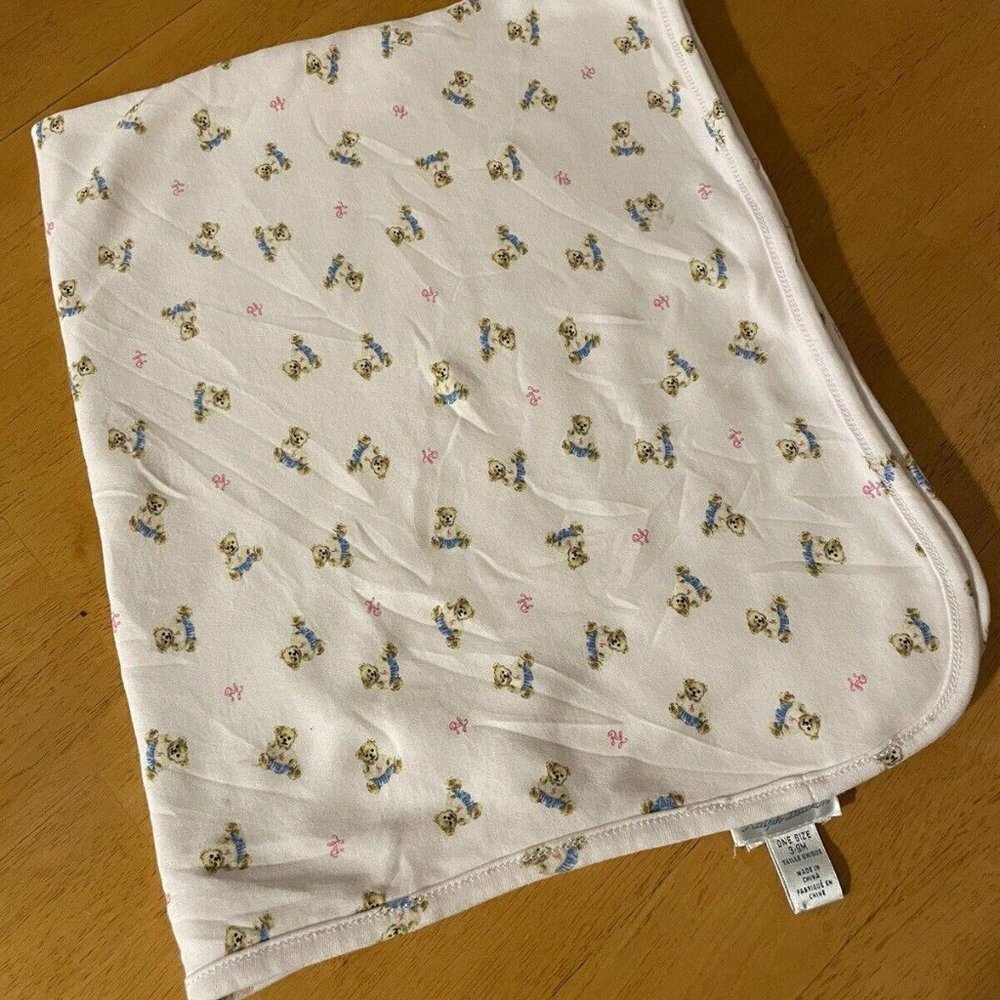 RALPH LAUREN Receiving Blanket White Trim Teddy Bears Pink 25”X32”​​